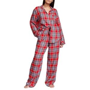 Victoria’s Secret Long Sleeve Flannel Pajama Set Red Pink Plaid Soft Cozy GUC